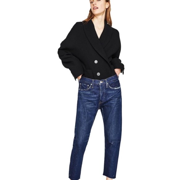 Zara Denim - Denim Relaxed Fit Distressed Dark Wash Jeans